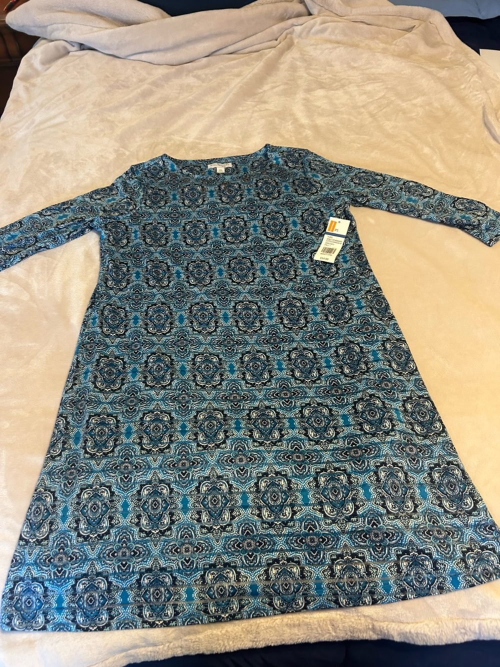 Kim Rogers Teal and Navy Long-Sleeve Patterned Dress